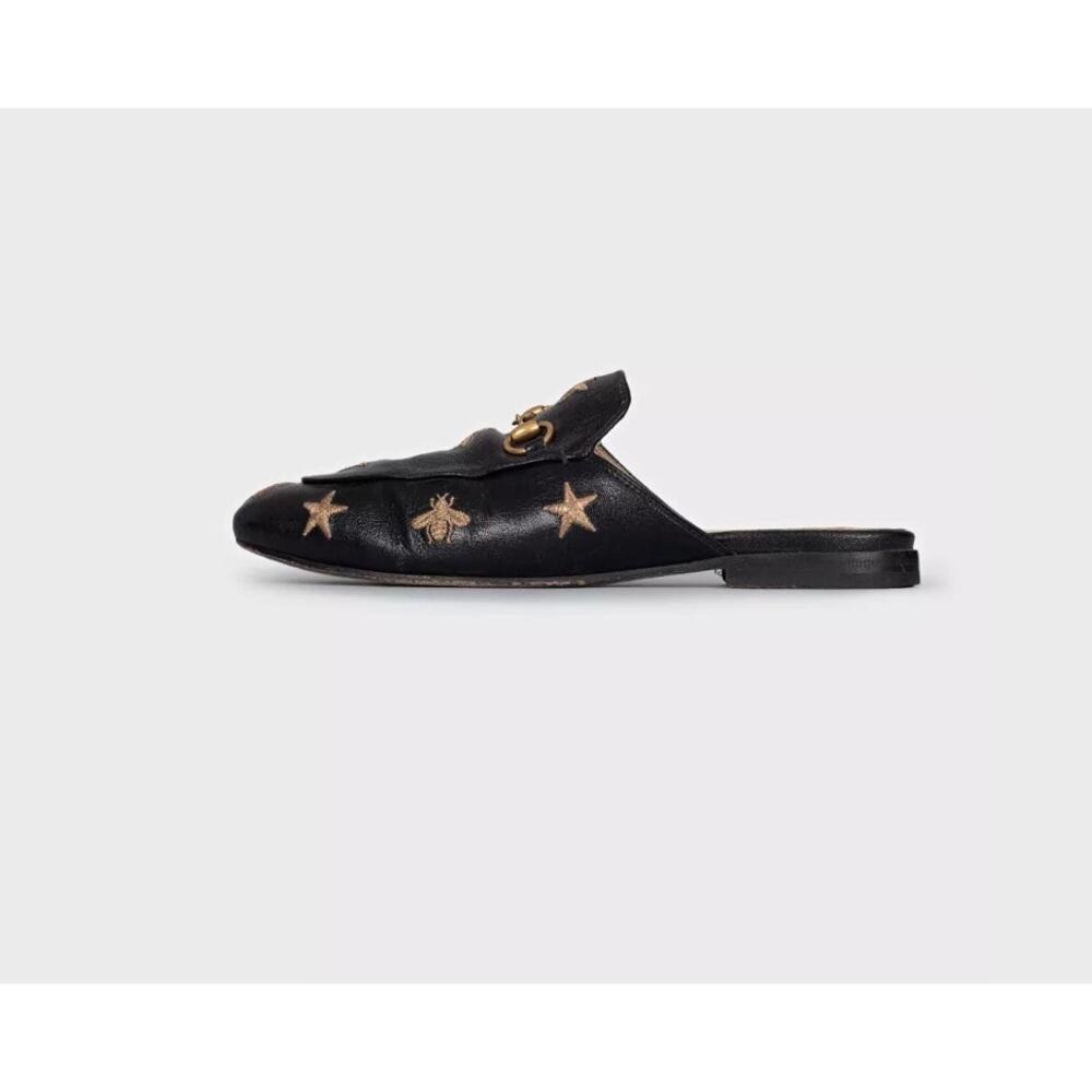 Gucci Black Embroidered Leather Mules - Size 38